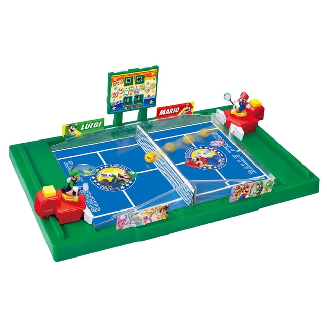 Epoch Games Super Mario Rally Tennis tabletop skill and action game with green plastic tennis court and blue playing surface featuring Mario and Luigi collectible figures on red controllers with yellow triggers. Includes two yellow tennis balls, white net, and manual scoreboard with sliding triggers for forehand and backhand shots. Compatible with other Epoch Super Mario games and suitable for family play ages 5 and up.