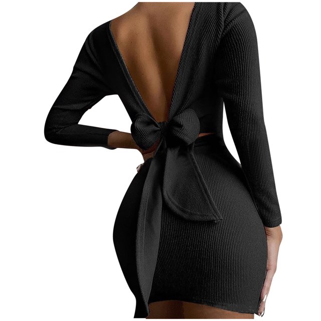PVCS Mode Femmes Automne Uni Ceinture Manches Longues Dos Nu Col Rond Mini Robe