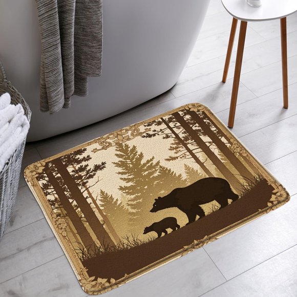 YSATNSFT Tapis de Bain Ours de Forêt Cabane Rustique Animaux Sauvages Ferme Chasse Camping Salle de Bain Baignoire Tapis de Sol Paillasson Décoration de Toilette, 18 x 30 Po