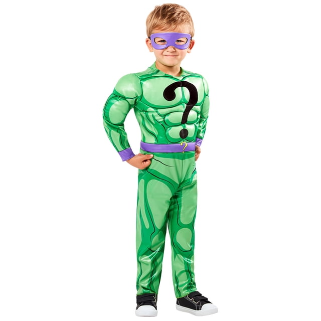 DC Comics Batman Riddler Muscle Chest Costume for Toddlers by Rubies, featuring a green jumpsuit with printed padded muscles on chest, arms, and abs, a large black question mark on the chest, purple printed belt and cuffs, worn with black sneakers, suitable for Halloween and imaginative play.