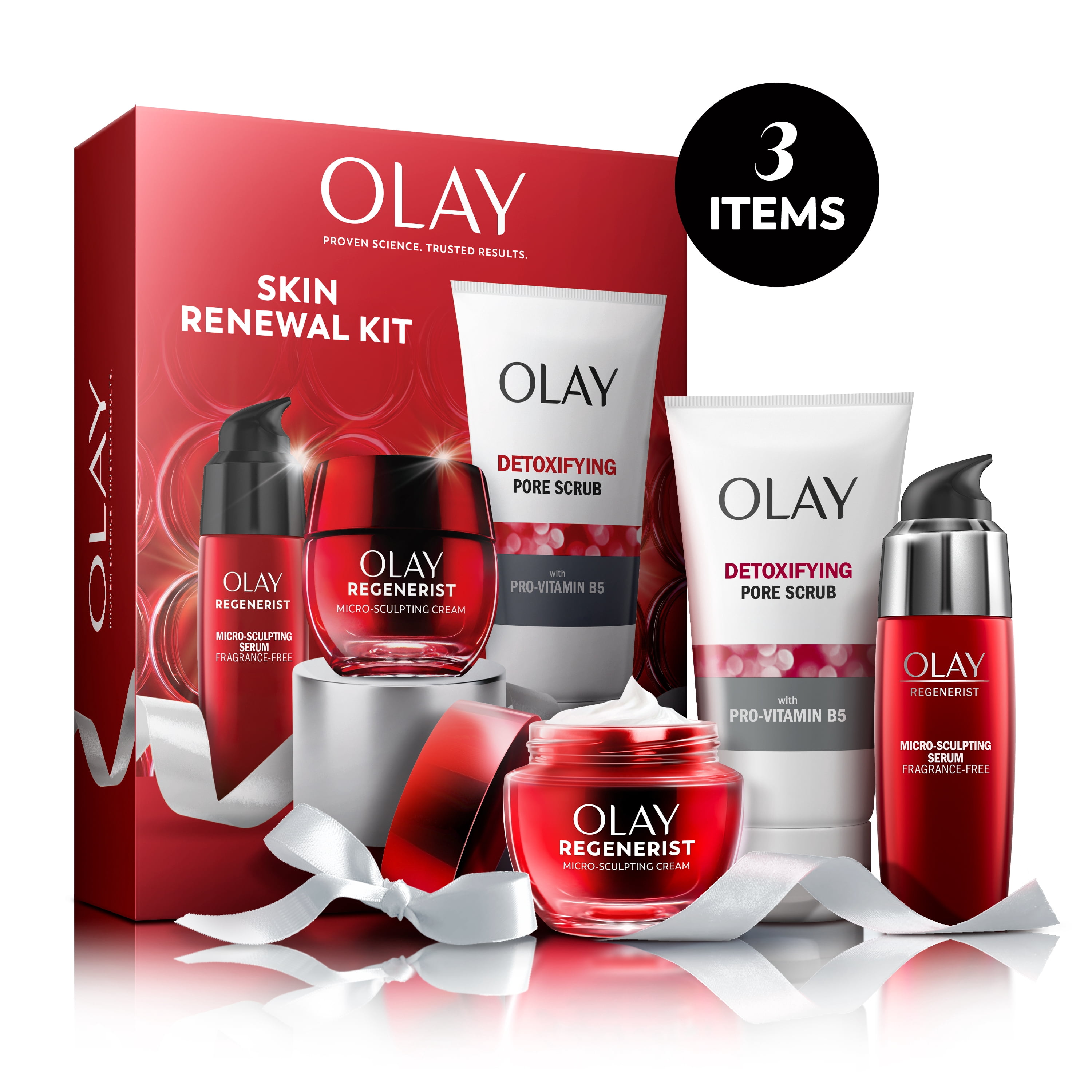 Olay Regenerist Skin Renewal Kit, 3 Piece Gift Set, Olay Anti-Aging Micro-sculpting Face Cream Fragrance Free 50mL, Olay Anti-Aging Regenerist Serum 50mL, Olay Detoxifying Pore Scrub 150mL