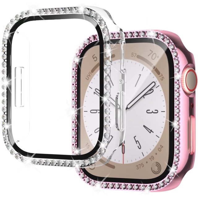 KOMI Case for Series 8 41mm & Series 7 41mm with Screen Protector, 2 Pack Hard PC Bling Bumper Shiny Crystal Diamond Rhinestone Protective Cover for iWatch 8 7 Accessories 41mm Women, Clear+Pink