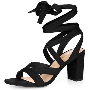 BLISSFUL STEP Sandales à Talon Épais pour Femmes à Bout Ouvert, à Brides Croisées et à Lacets