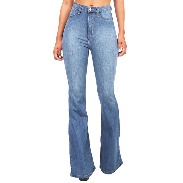XZNGL Womens High Waist Pocket Wide Leg Jeans Flared Skinny Button Trousers