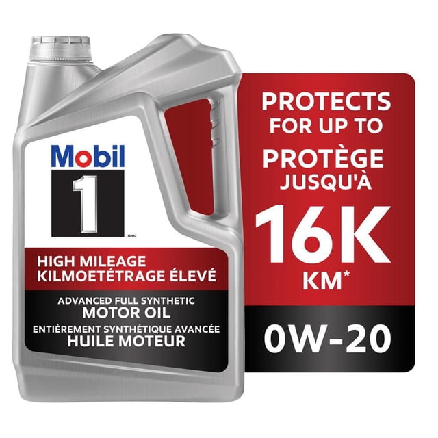 Mobil 1 High Mileage 0W-20 advanced full synthetic motor oil in a silver 1-quart plastic bottle with built-in handle, labeled for engine protection up to 16,000 km, featuring bilingual English and French text for high mileage vehicles.