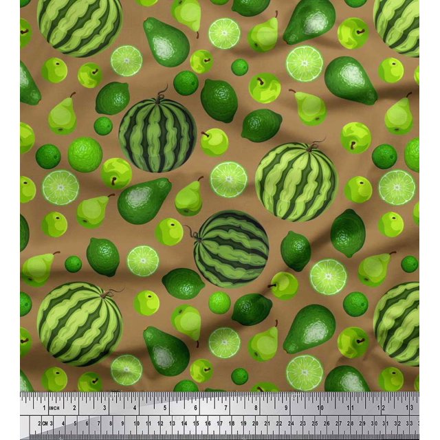 Soimoi Rayon Crepe Fabric Pear,Lemon & Watermelon Fruits Print Fabric by The Yard 46 Inch Wide