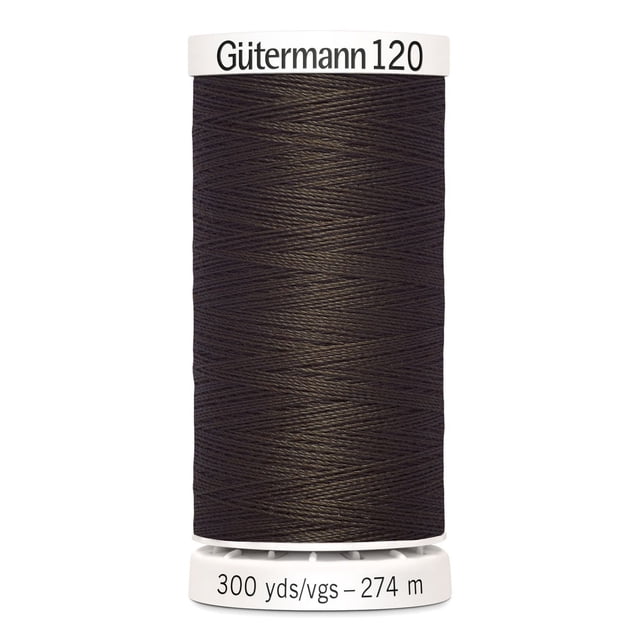 Gutermann 120 100% polyester all purpose thread spool in dark brown with white plastic ends labeled with brand and 300 yards (274 meters) length, suitable for machine and hand sewing various fabrics including cotton, synthetics, and wool, also ideal for craft and mending projects.