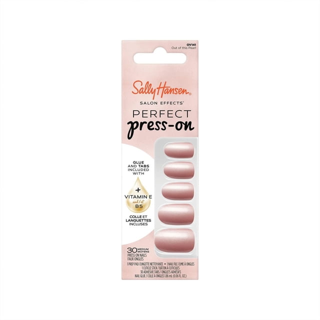 Salon Effects Perfect Press-On Nails by Sally Hansen in Out of this Pearl shade, featuring 30 medium press-on nails with included glue and tabs infused with vitamins E and B5 for a secure, non-damaging manicure, suitable for quick and easy nail art application at home.