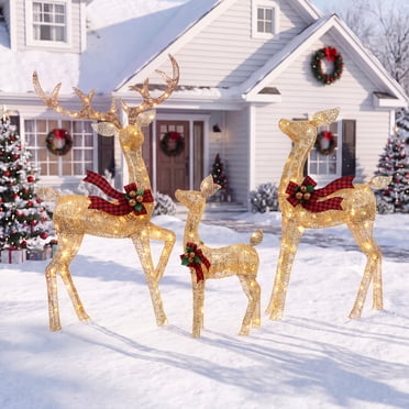 3-Piece 58" Large Christmas Deer Family, Lighted Outdoor Christmas Decoration, Champagne Gold