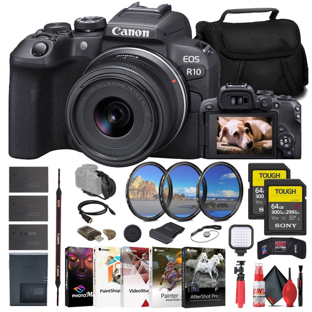 Canon EOS R10 Mirrorless Camera with 18-45mm Lens 5331C009 2 x Sony 64GB TOUGH SD Card Filter Kit Bag Charger 2 x LPE17 Battery Card Reader LED Light Corel Photo Software International Model