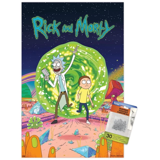 Rick And Morty - Affiche Murale de Couverture, 22,375 Pouces x 34 Pouces Représentant des Personnages Animés Rick And Morty Marchant à Travers un Portail Vert Lumineux dans un Paysage Extraterrestre Coloré avec des Cristaux et des Plantes Étranges sous un Ciel Étoilé, Imprimée sur Papier Lustré avec Supports Adhésifs pour une Présentation Murale Facile.