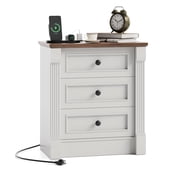 BeesClover 23.6" Wide Farmhouse Nightstand with Charging Station and 3 Drawers, Rustic Wood Bedside Table with Roman Column Design, End Table for Bedroom Living Room