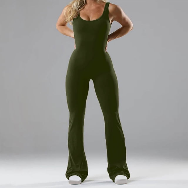 Prix Réduit, Combinaisons Évasées Femme Combinaison de Sport Yoga Barboteuse Extensible Justaucorps, Dos Nu, Entraînement Mise en Forme, Matériau Confortable, Style Décontracté Design Classique/100 % Polyester, Vert
