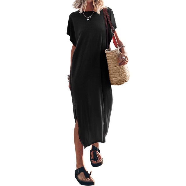 Kmbangi Robes Longues Noires pour Femmes pour l'Été 2023, Manches Chauve-Souris Courtes Col Rond Fendu Robe de Plage Décontractée