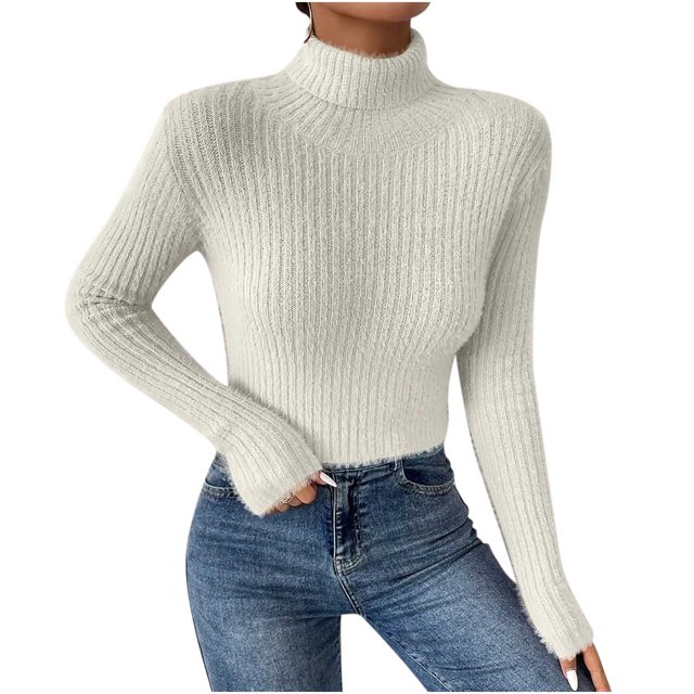 IROINID Women's Turtleneck Pullover Sweater Solid Color Loose Short Length Long Sleeve Sweater