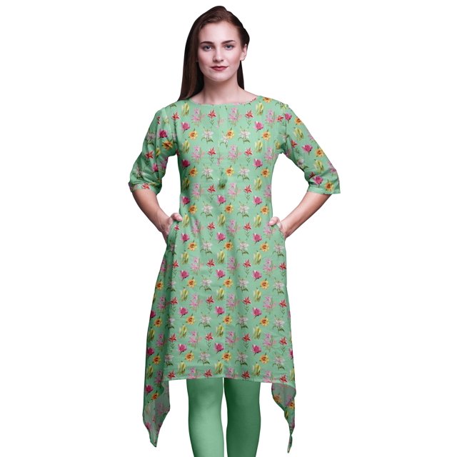 Bimba Kurti Asymétrique Vert à Imprimé Floral Lys et Lotus pour Femmes, Robe d'Été Indienne Tunique Grande