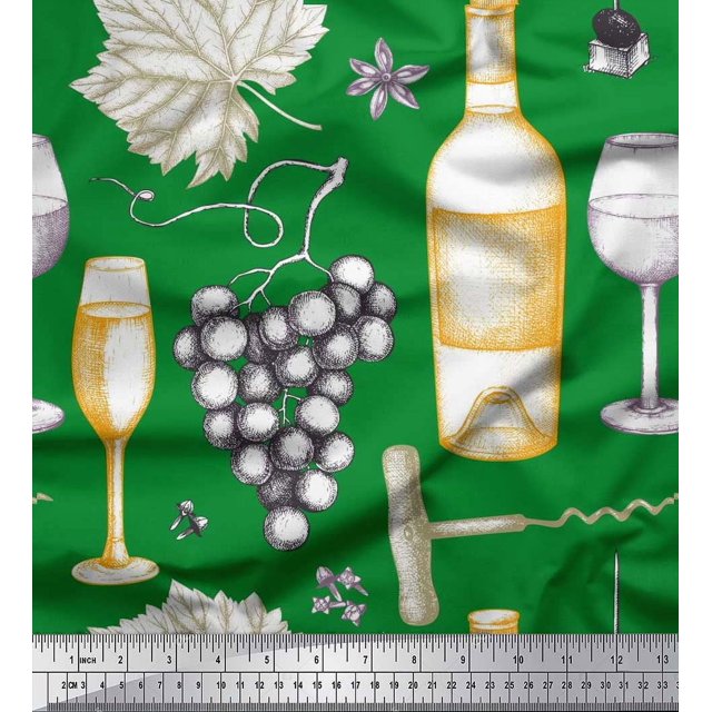 Soimoi Modal Satin Fabric Grapes,Wine Glass & Bottle Printed Fabric 1 Yard 42 Inch Wide
