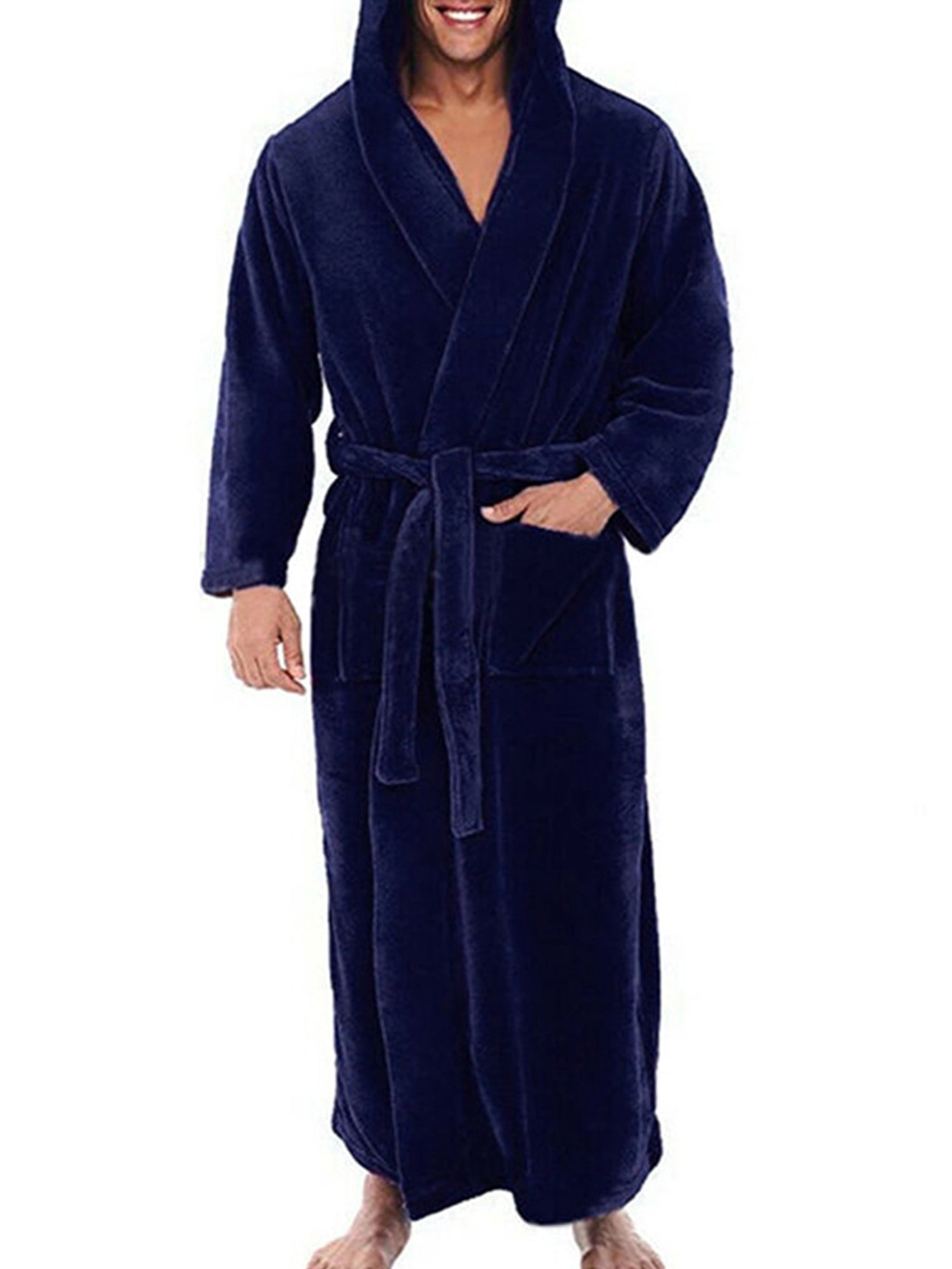 Innerwin Dressing Gown Solid Color Men Wrap Robe Home Hooded Thicken Plush Bath Robes Blue 2XL