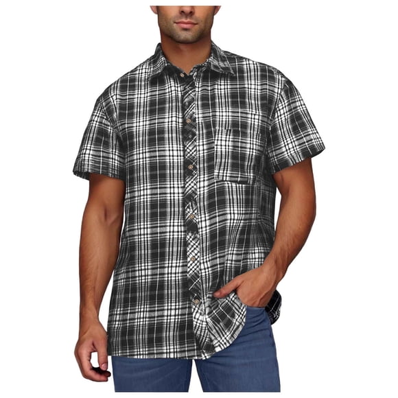 Men's Short Sleeve Shirt, Plaid Casual Button Down Shirt with Pocket, Comfortable Polyester Fabric
