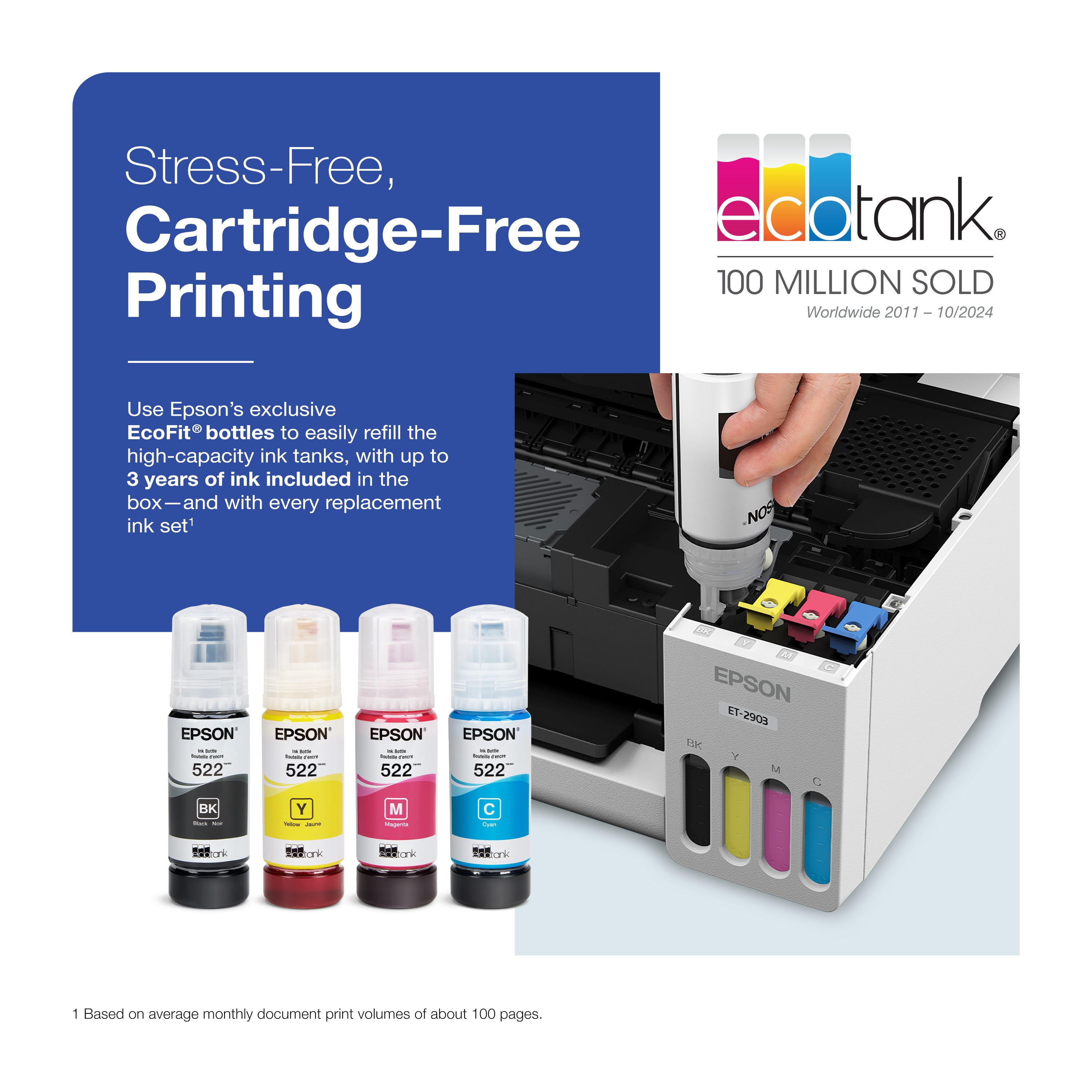 Epson - Imprimante multifonction couleur sans fil EcoTank ET-2903 à réservoirs d’encre géants – Blanc