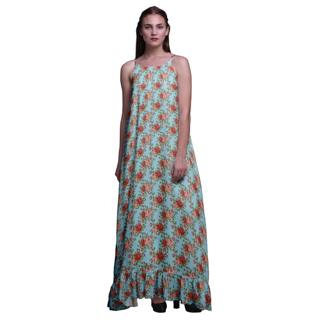 Bimba Robe de Nuit Bleu Pâle à Feuilles Florales et Roses pour Femmes, Nuisette Imprimée à Bretelles Spaghetti, Robe Maxi, Vêtement de Nuit, Petit
