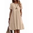 thumbnail image 1 of Robe T-Shirt d'Été en Coton et Lin pour Femmes, Décontractée, Coupe Ample, Col Rond, Manches Courtes, Longueur Midi, avec Poches, Abricot, P, 1 of 7
