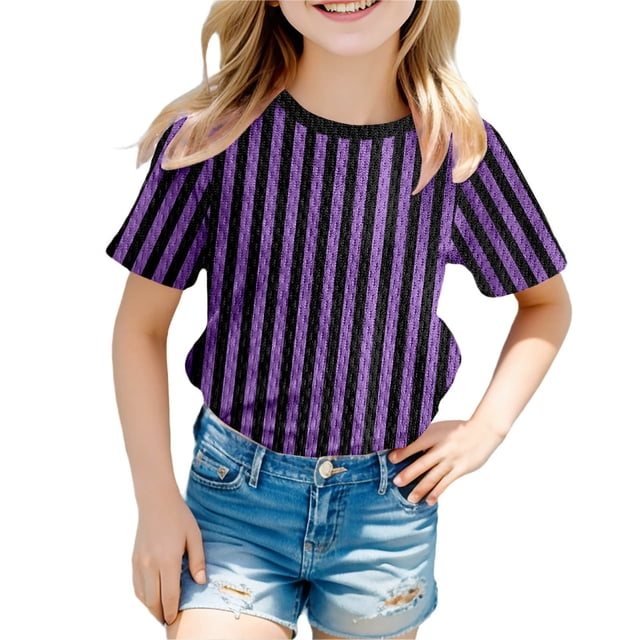 GDREDA T-Shirt Graphique à Manches Courtes Rayé pour Garçons, Coloré, Confortable et Décontracté, pour Enfants, Violet, 130
