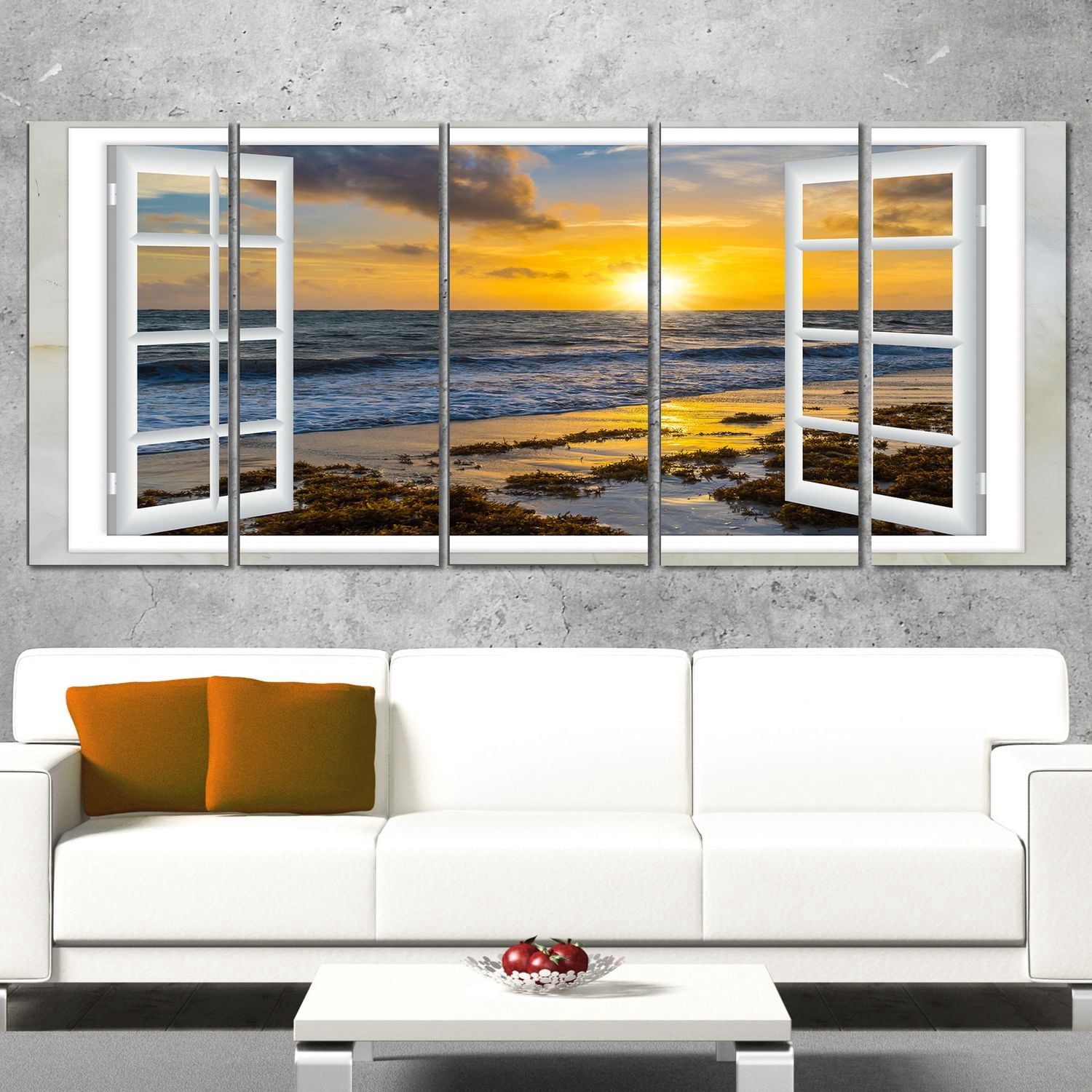 Tableau sur toile imprimée Design Art Paysage marin moderne Couchée de soleil jaune brillant à travers une fenêtre