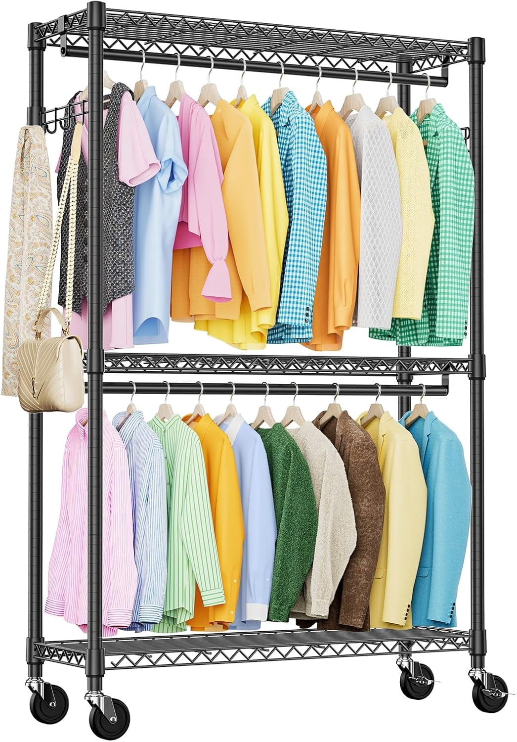M MZG Clothing Rack Heavy Duty Rolling Garment Rack 3 Tiers Adjustable Wire Shelving Clothes Rack with Double Rods and Side Hooks, Freestanding Wardrobe Closet with Lockable Wheels