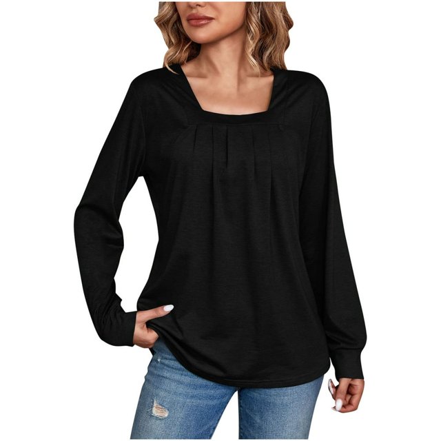 Femmes Manches Longues Tops Habillés Col Carré Chemise Plissée Ample Coupe Chemises