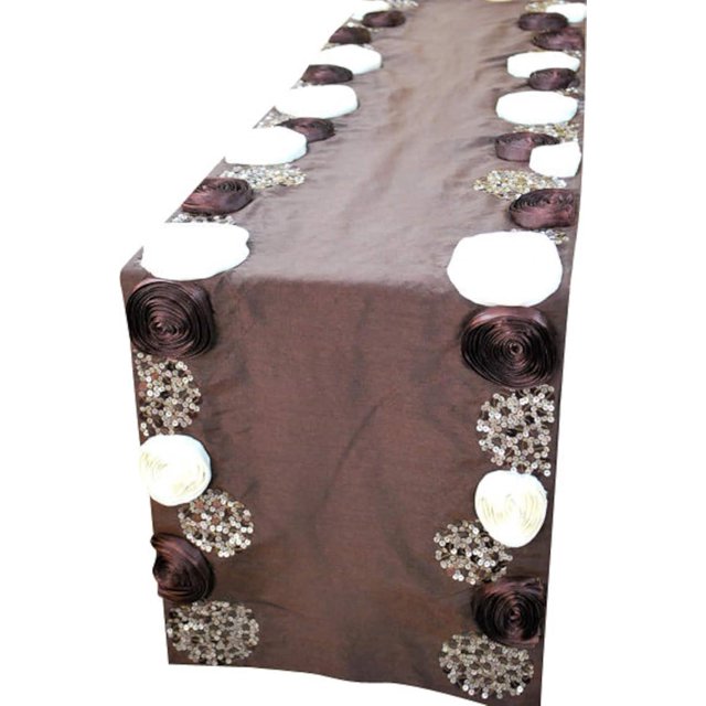 The HomeCentric Decorative Table Runner 14 x 64 Inch Chocolate Brown Silk Satin Ribbon Flower with Sequins Embroidered