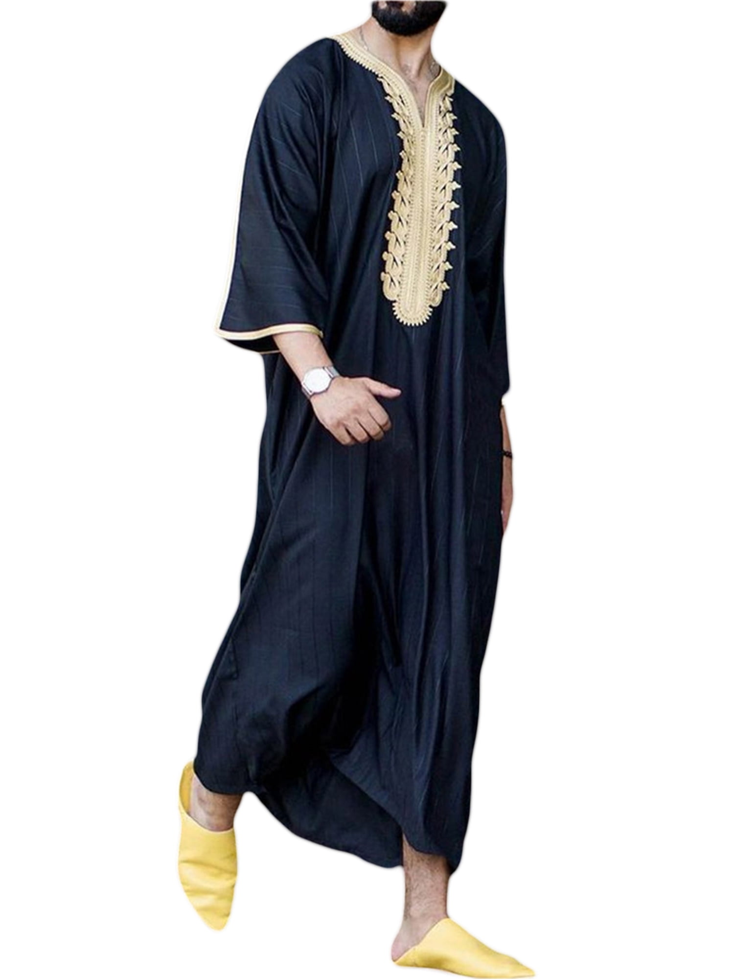 Kmbangi Caftan pour Hommes Musulmans +chemise Décontractée à Manches Trois Quarts Sans Col