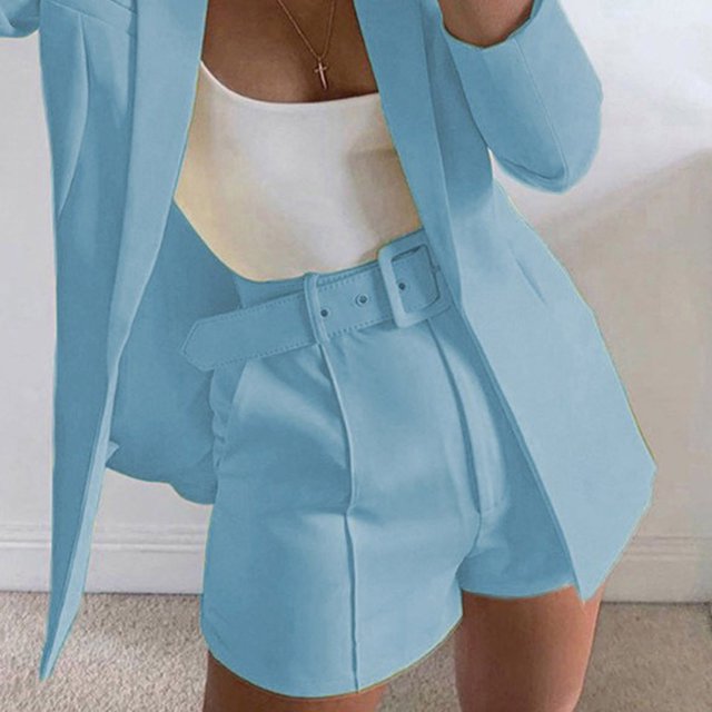 LOVZFMLL Women's Solid Suit Pant With Pockets Waisted Shorts With Belt Light Blue S