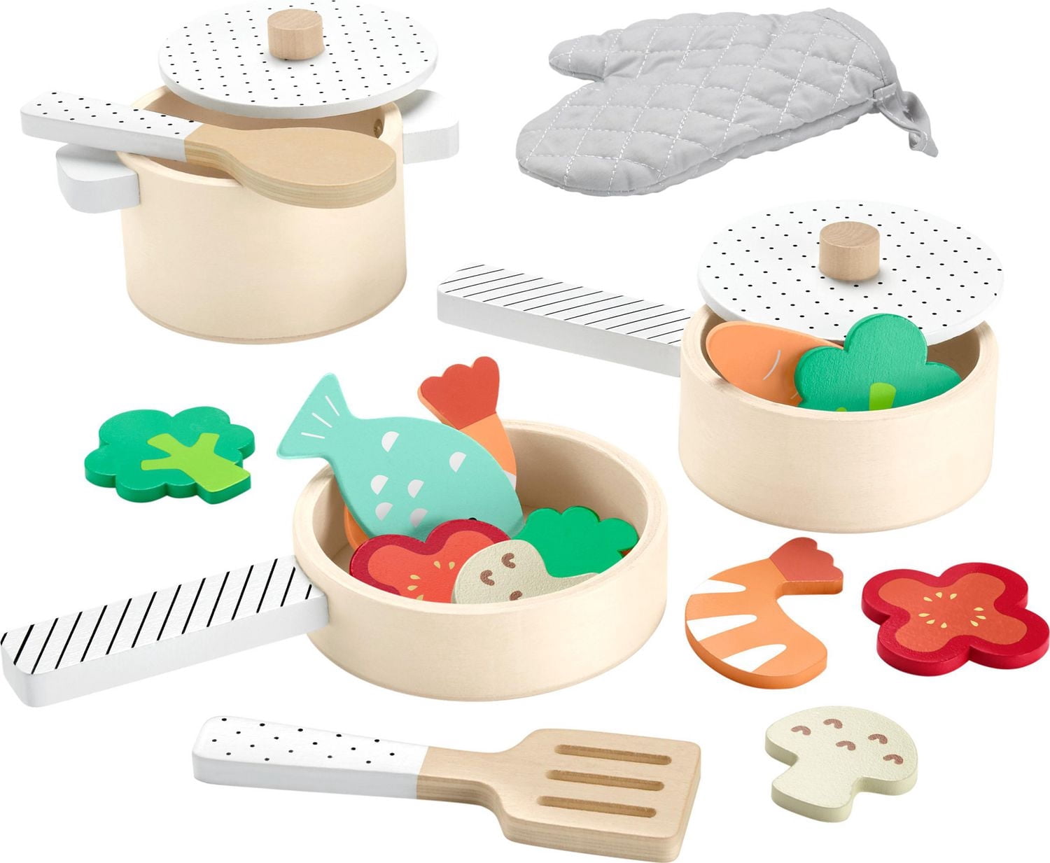 Fisher-Price Wooden Kitchen Pots & Pans Set, 19 Wood Pieces for Preschool Pretend Play, Ages 3+ Years
