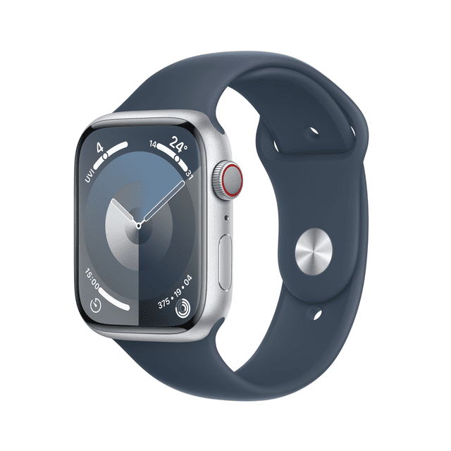 Apple Watch Series 9 GPS + Cellulaire 45 mm Boîtier en Aluminium Argent avec Bracelet Sport Bleu Tempête - P/M Affichant une Vue Angulaire de la Montre Intelligente avec un Boîtier en Aluminium Argent et un Bracelet Sport Bleu Tempête. l'Affichage Indique la Température, l'Indice UV et les Bagues d'Activité. la Couronne Numérique Présente une Bague Rouge, et le Bracelet Sport Lisse Présente une Fermeture à Épingle Argent. Technologie Portable Idéale pour le Suivi de la Condition Physique et les notifications Intelligentes.