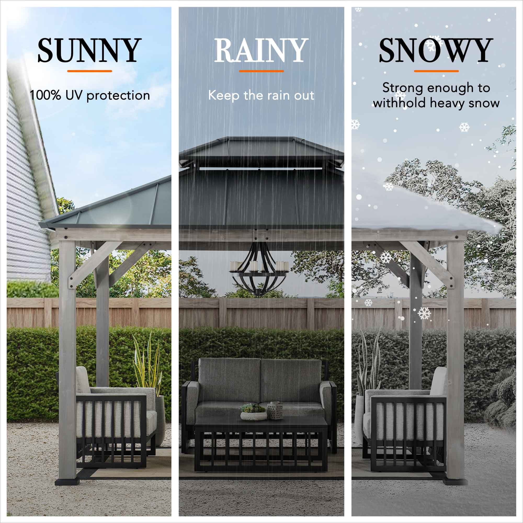 Sunjoy Gazebo Tonnelle 3 x 3.6 m d'extérieur à deux niveaux avec toit rigide Gazebo à structure en cèdre gris avec toit rigide en acier