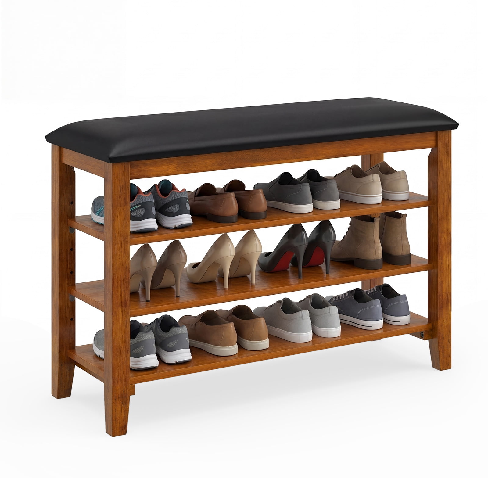 Gymax Shoe Rack Bench Rubber Wood Entryway Bench w/Adjustable Shelves & Soft Cushion