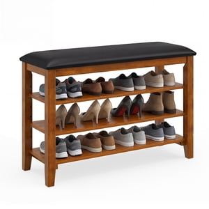 Gymax Shoe Rack Bench Rubber Wood Entryway Bench w/Adjustable Shelves & Soft Cushion