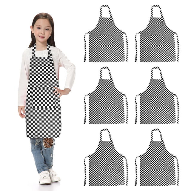 TOPTIE 6 Pack Kids Aprons with Pocket & Adjustable Strap, Child Chef Bib Apron for Kitchen Cooking Baking Painting-Shepherd Check-XXL