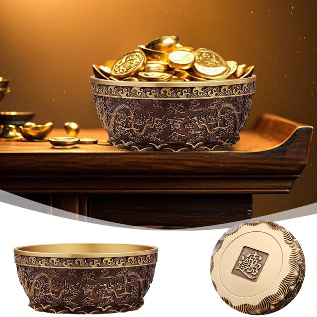 BKER Feng Shui Wealth Position Bowl Pure Copper 415 Grams 0.92 Pounds Double Appearing Base Wealth Treasury With Wealth Inscription Desk Altar Sacred Decorat