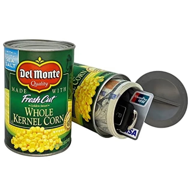 Senbaida Hidden Safe Compartment Diversion Safe disguised as a Del Monte Whole Kernel Corn can. The can has a removable lid that reveals a hidden compartment for storing small valuables like cash, keys, or cards. Suitable for discreet storage in a kitchen or cupboard.