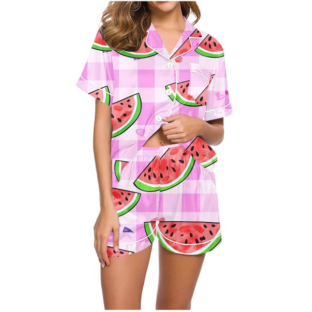 Jamicy Pyjama Mignon pour Femmes Mode Décontractée Imprimé Haut à Manches Courtes à Col à Revers avec Short Ample Confortable Ensemble de Pyjama pour la Maison