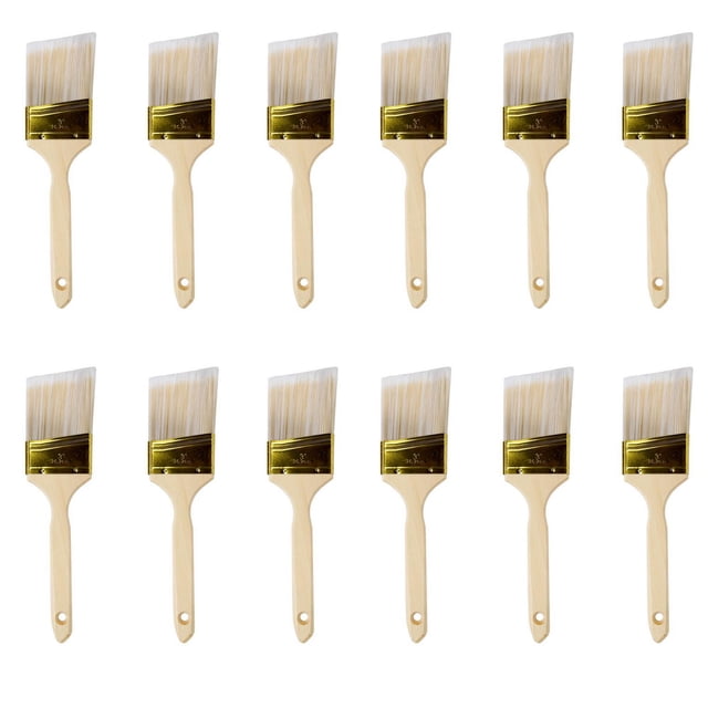 ACTION-1 Professional Quality Angled Paint Brush pack of 12 featuring twelve 3-inch angled brushes with natural wooden ergonomic handles, white polyester tapered bristles, and gold metal ferrules, arranged in two rows on a white background, ideal for precise trim, wall, and fence painting in home improvement projects.