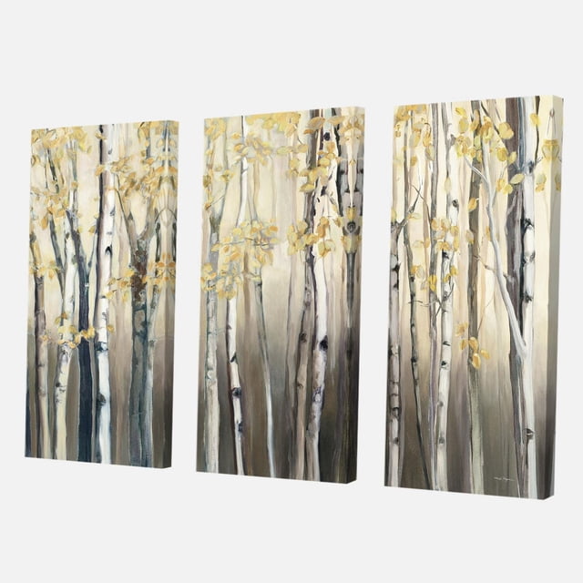 Designart Golden Birch Forest I Canvas Wall Art consisting of three gallery-wrapped cotton canvas panels depicting slender birch tree trunks with golden leaves on a soft grey and beige background, printed with fade-resistant ink and arriving ready to hang.