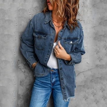 Bmisegm Women’s Oversized Button up Hem Shacket Long Sleeve Pockets Denim Jean Jacket Womens Denim Jacket Blue S