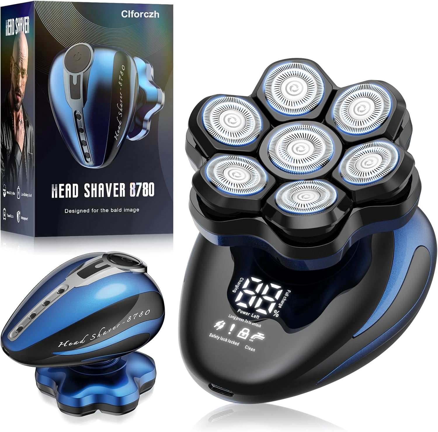 Clforczh 7D Electric Head Shaver for Men, Magnetic Detachable Rotary ...