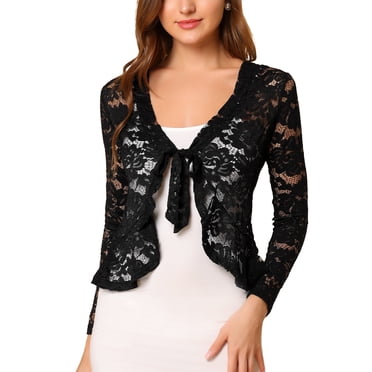 INSPIRE CHIC Women's Floral Lace Cardigans Tie Front Ruffled Hem Sheer Crop Bolero Shrug M Black
