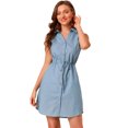 thumbnail image 1 of INSPIRE CHIC Robe-Chemise en Denim pour Femmes Sans Manches à Col, Boutonnée, avec Ceinture à la Taille, TG Bleu Pâle, 1 of 6