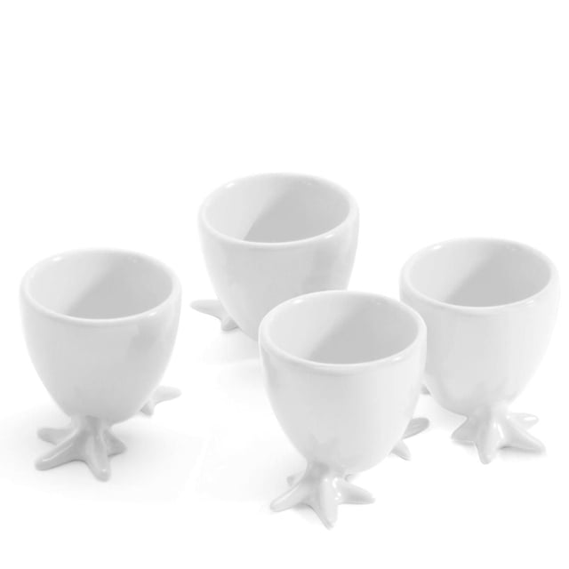BIA "Chicken Foot" Egg Cups set of 4, white glossy porcelain egg cups with chicken foot-shaped bases, 2 inches tall, microwave and dishwasher safe, suitable for flatware serving utensils in dining and entertaining.