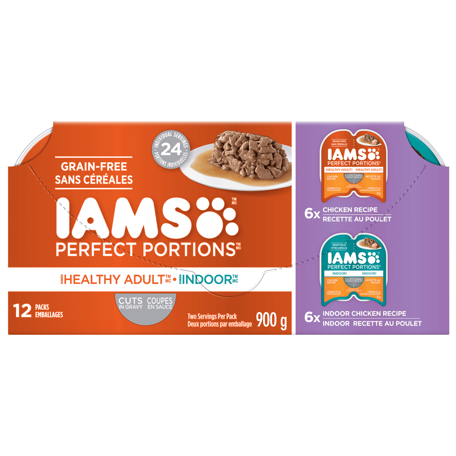 Iams Perfect Portions Grain Free Chicken & Indoor Chicken Cuts in Gravy Variety Pack Healthy Adult Wet Cat Food 12 Pack
